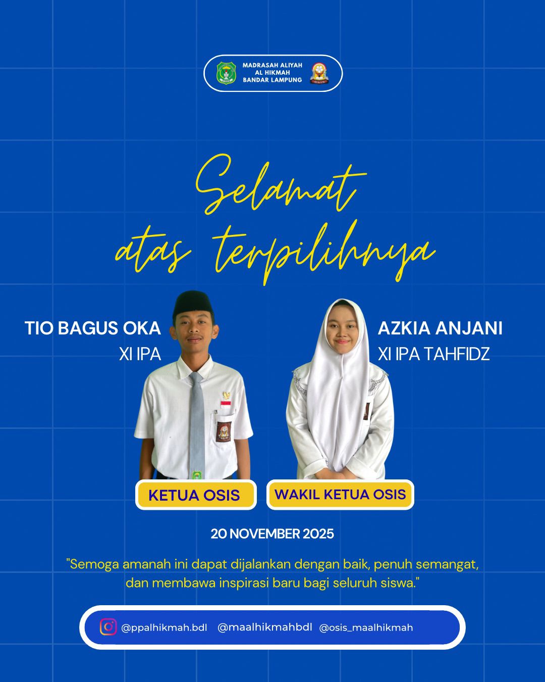 Terpilihnya Ketua dan Wakil Ketua Osis MA Al Hikmah yang Baru